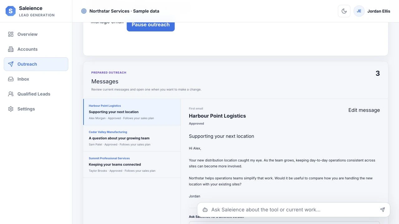 Actual Outreach view with a prepared message to fictional company Harbour Point Logistics, alongside the message list.